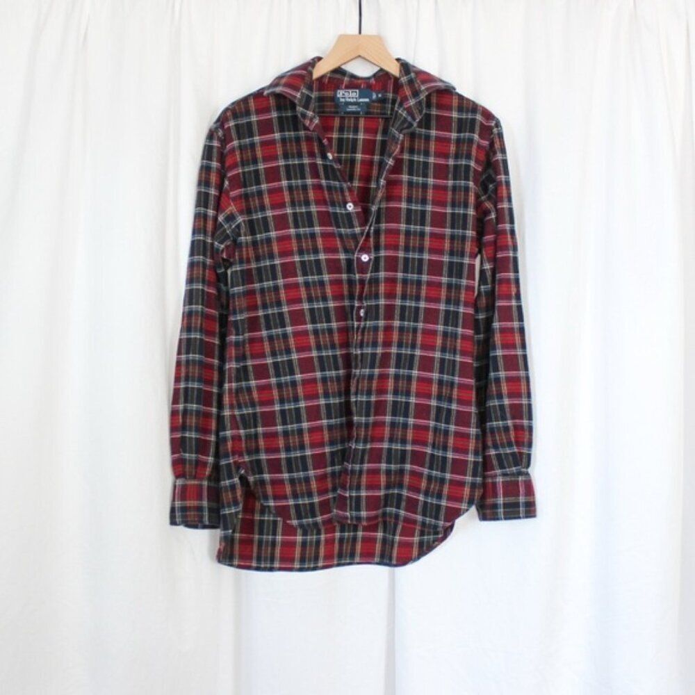 Ralph Lauren Men's Oversized Cotton Plaid Flannel Twill Shirt Red Blue Medium